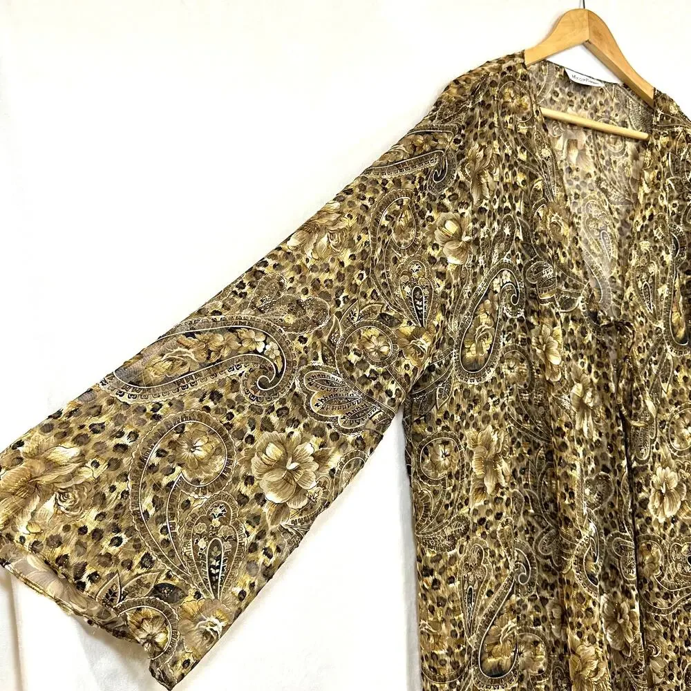 Vintage Maggie Barnes‎ Paisley Animal Print Clipdot Brown Flowy Cardigan Tied - Picture 2 of 9